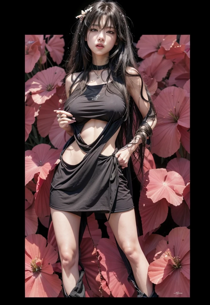 work of art, best qualityer, extremely detail 8k cg, high resolution, 1 girl, Kurenai Yuhi, Bblack hair, Eyes red, Fine body, Breasts huge, breasts bursting, black t-shirt dress, sleeveless, neckleace, plein-air, Garden, beautiful face, full shot photo, whole body
