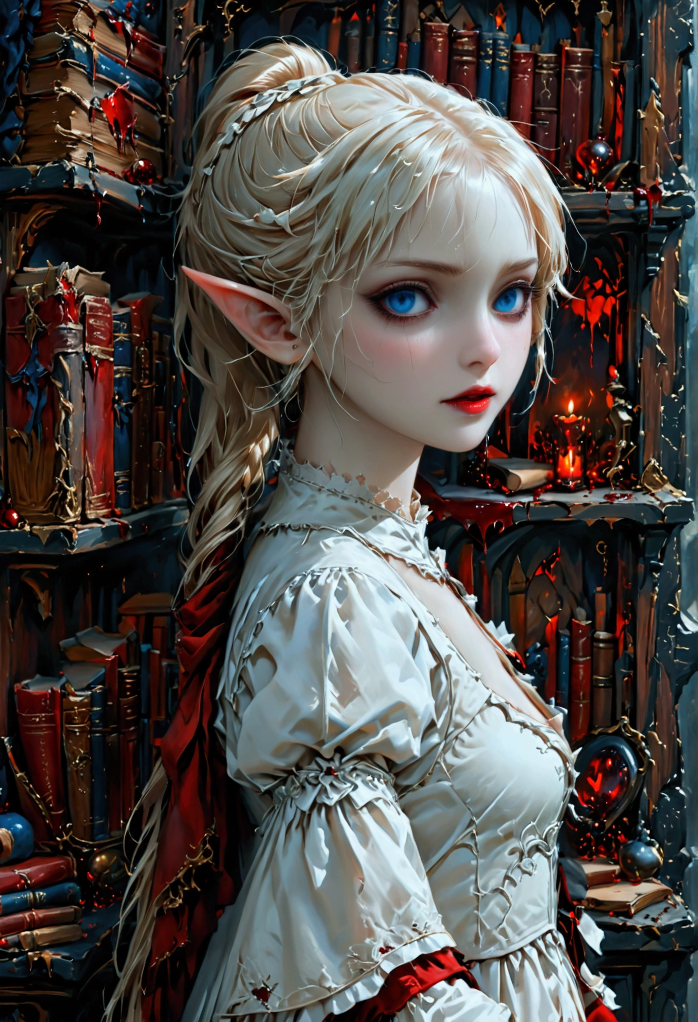 arafed a picture of elf vampire in her castle. an exquisite beautiful female elf vampire (ultra details, Masterpiece, best quality), bloody mouth blond hair, pale skin, hair in a ponytail, long hair, blue eyes, small pointed ears, cold eyes, smirking, wearing white dress (ultra details, Masterpiece, best quality), red cloak, in dark fantasy library, book shelves, arafed high details, best quality, 16k, [ultra detailed], masterpiece, best quality, (ultra detailed), full body, ultra wide shot, photorealism, RAW, dark fantasy art, gothic art, ArmoredDress, Dark Novel, Dark Art Painting Style, dripping blood, goth person