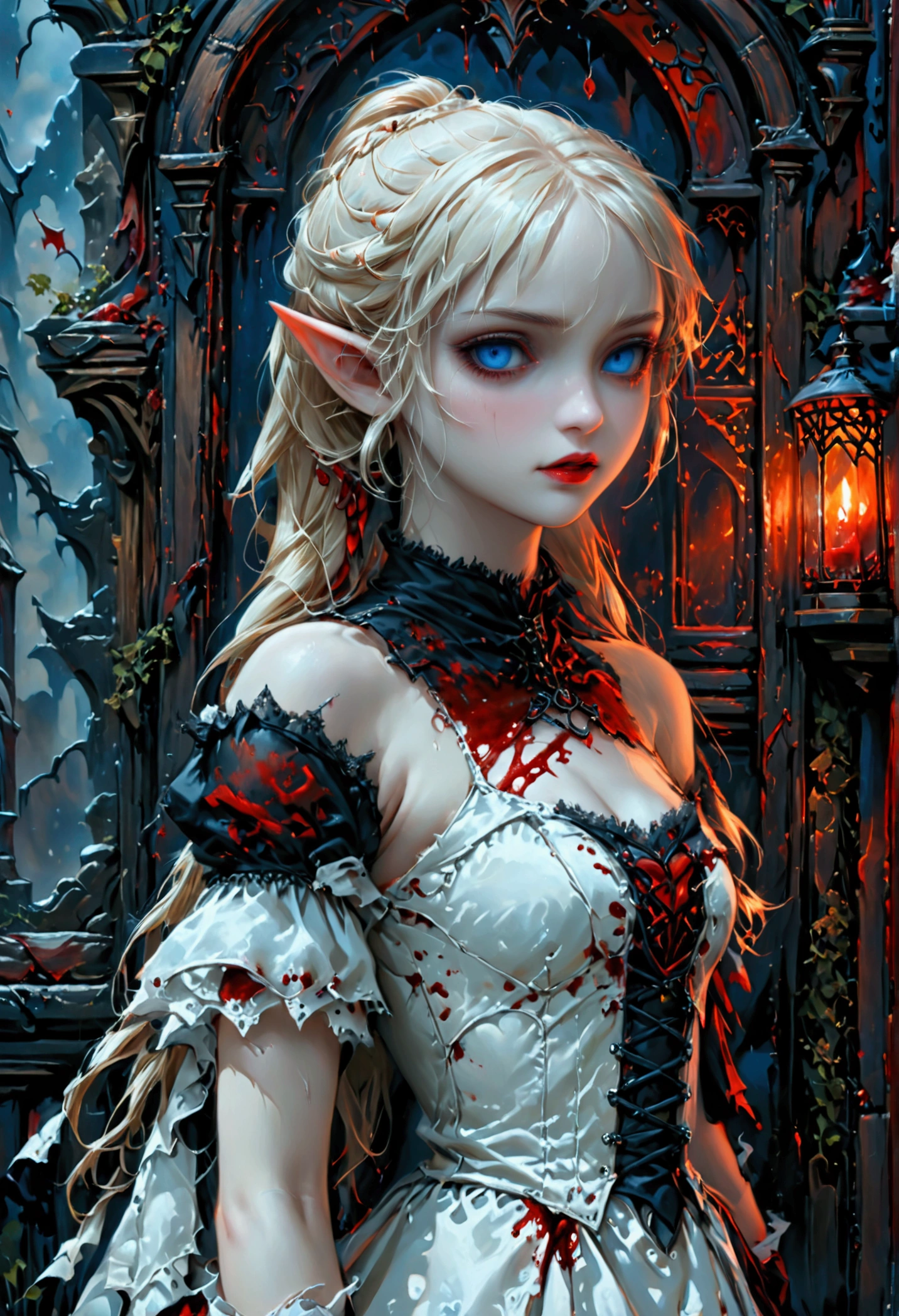 arafed a picture of elf vampire in her castle. an exquisite beautiful female elf vampire (ultra details, Masterpiece, best quality), bloody mouth blond hair, pale skin, hair in a ponytail, long hair, blue eyes, small pointed ears, cold eyes, smirking, wearing white dress (ultra details, Masterpiece, best quality), red cloak, in dark fantasy library, book shelves, arafed high details, best quality, 16k, [ultra detailed], masterpiece, best quality, (ultra detailed), full body, ultra wide shot, photorealism, RAW, dark fantasy art, gothic art, ArmoredDress, Dark Novel, Dark Art Painting Style, dripping blood, goth person