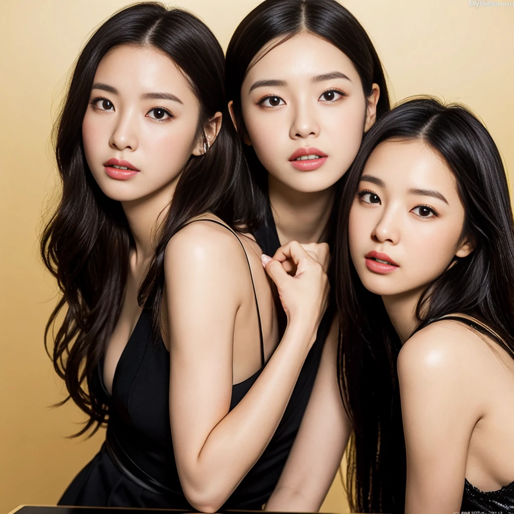 ((Highest quality, 8k, Tabletop:1.3, 2 girls, beautiful girl)), cute, dynamism, Detailed face, Detailed skin, Detailed eyes, Detailed lips, Detailed fingers, Mouth details, Detailed teeth, Detailed tongue, Round eyes, Tear bags, Realistic, RAW Photos, Natural light, Perfect Anatomy, High resolution, White liquid in the mouth,  inside the body, Drooling from the body, Gold color background, chest, twin color hair, Sitting