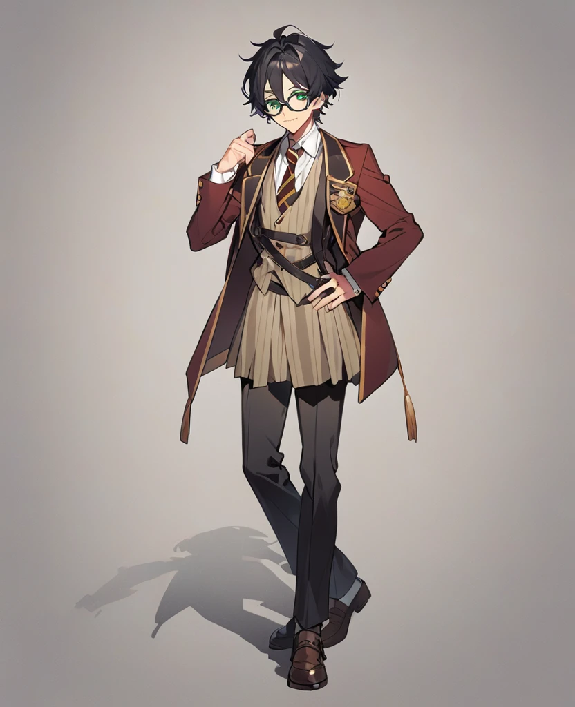 Male,5'8,glasses,light skin,green eyes,messy black hair,hogwards uniform,full body