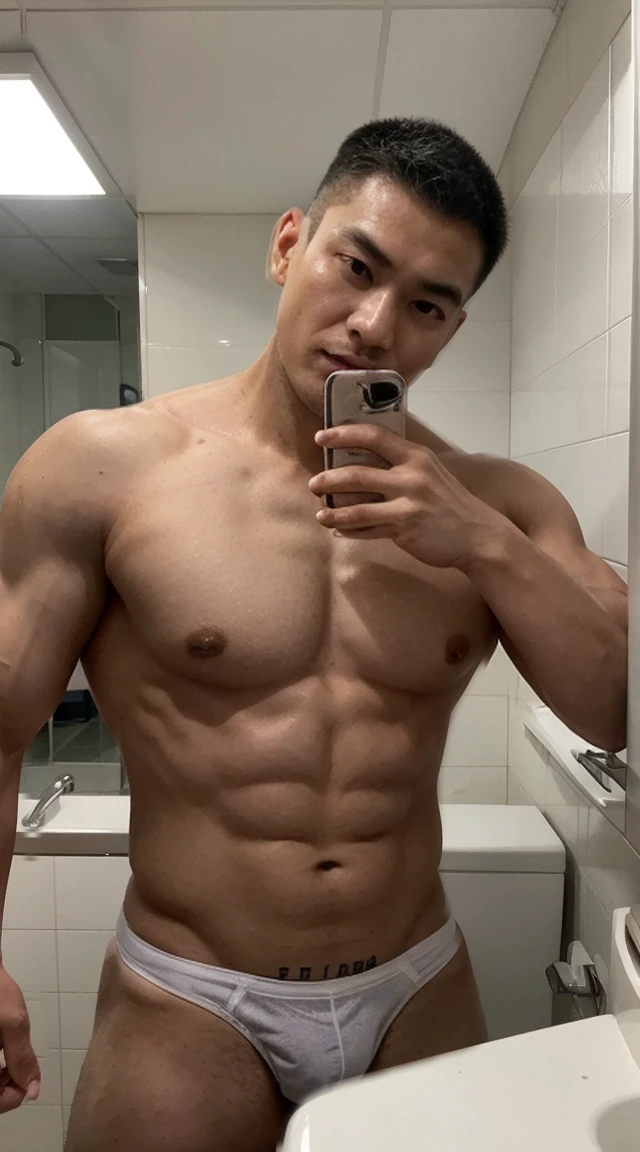 Japanese muscle man,Muscular,There are muscle lines,Brush Cut,Upper body naked,Wearing a white jockstrap,surely、Indoor shooting、Selfie、Public toilet