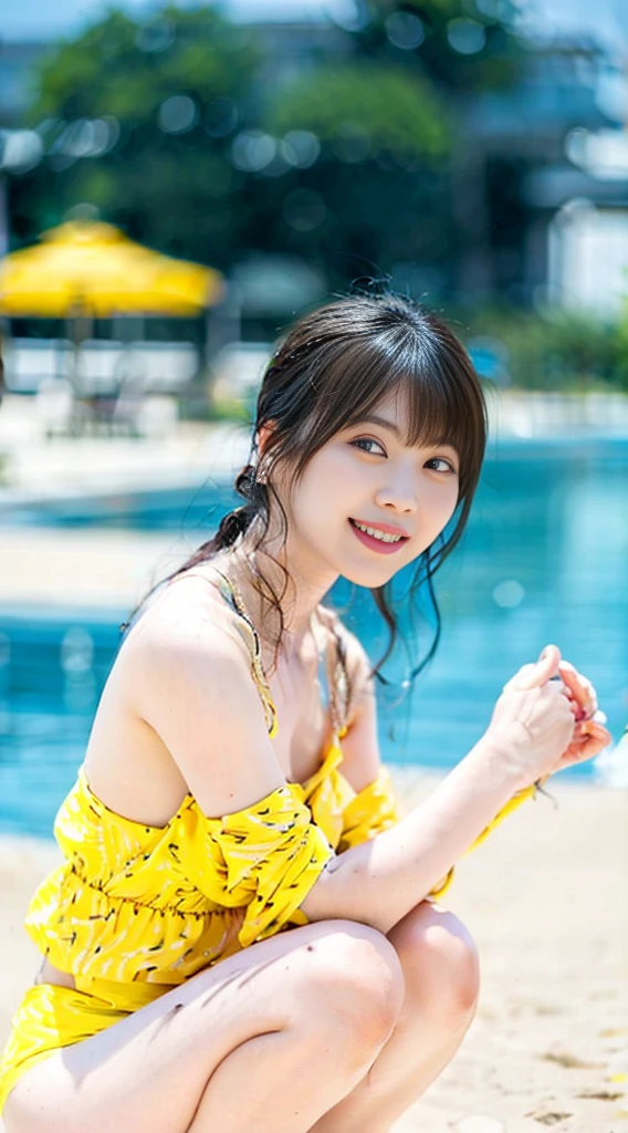 People at the beach wearing cute swimsuits々Woman waiting for、Highest quality、10 women、Big ample breasts、Tag、Illumination、Blur the background、Bokeh Depth of Field、outside of home、(street:0.8)、(human々、A large number of people:1)、Gorgeous(Very Short Hair、amount:1.2)、Beautiful sky in every detail、Earrings、(Dynamic Pose:1.2)、 (Upper body:0.8)、Soft lighting、Wind、Glowing Skin、Laughter、Saleme、Yellow Sandals、