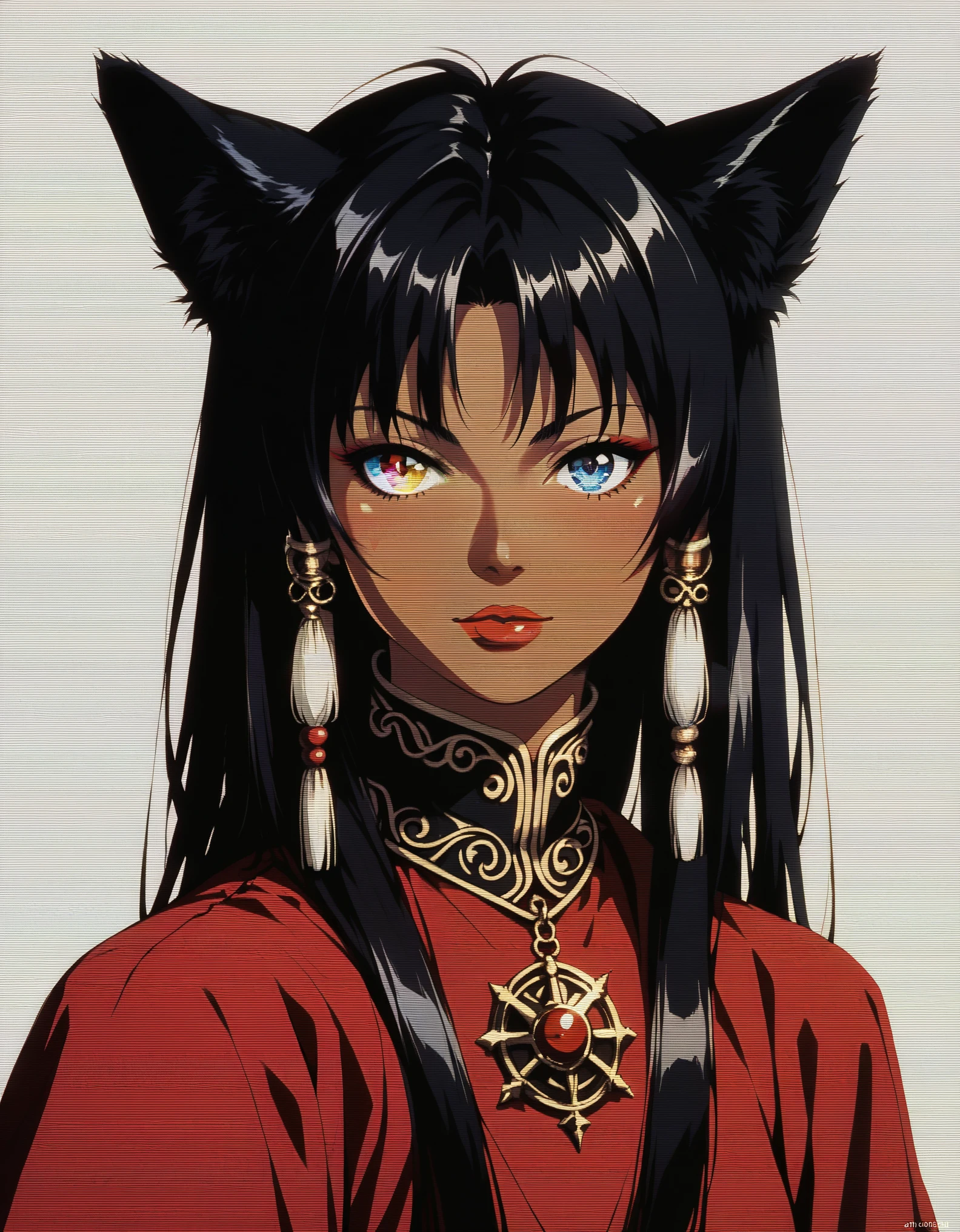 score_9, score_8_up, score_7_up, score_6_up, score_questionable, censored, vintage, 1990s \(style\), upper body, 1girl, pretty, seductive, dark skin, (long straight hair:1.2), black hair, black animal ears, (heterochromia:1.25), looking at viewer, (facing viewer:1.2), tail, beautiful face, detailed eyes