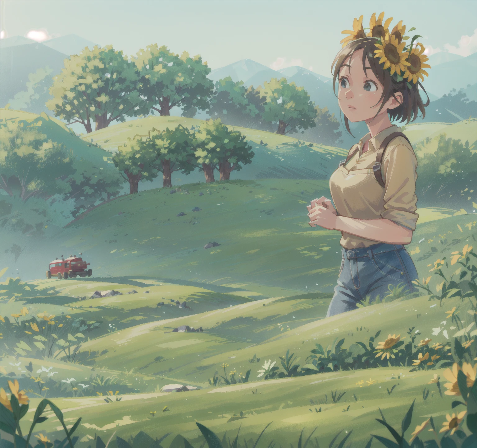 a lush rural countryside landscape, rolling hills, vibrant green fields, winding rivers, picturesque farmhouses, rustic wooden fences, blooming wildflowers, warm golden sunlight, atmospheric hazy sky, birds soaring overhead, farmers working in the fields, tractors plowing the land, a sense of peace and tranquility, (best quality,8k,highres,masterpiece:1.2),ultra-detailed,(realistic,photorealistic,photo-realistic:1.37),landscape,serene,vibrant colors,natural lighting