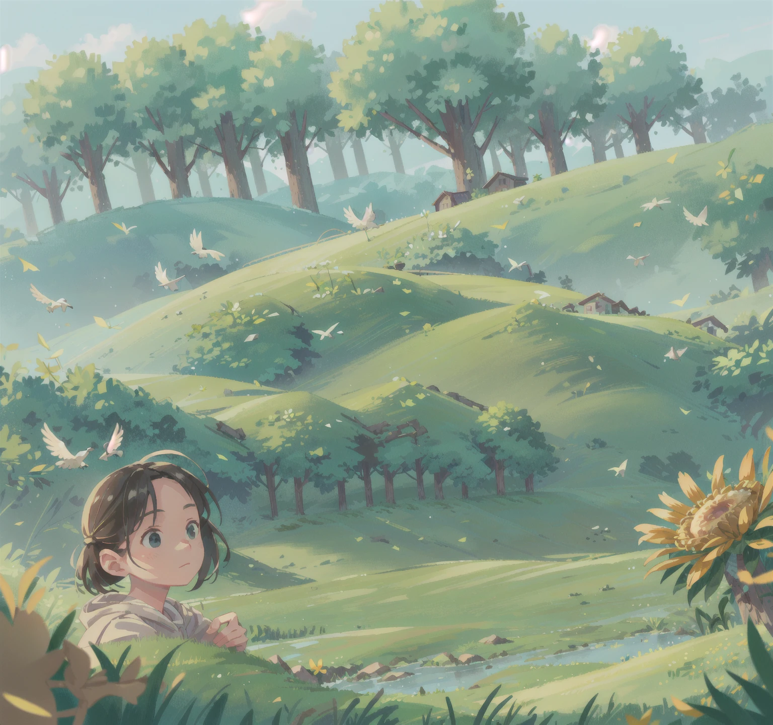 a lush rural countryside landscape, rolling hills, vibrant green fields, winding rivers, picturesque farmhouses, rustic wooden fences, blooming wildflowers, warm golden sunlight, atmospheric hazy sky, birds soaring overhead, farmers working in the fields, tractors plowing the land, a sense of peace and tranquility, (best quality,8k,highres,masterpiece:1.2),ultra-detailed,(realistic,photorealistic,photo-realistic:1.37),landscape,serene,vibrant colors,natural lighting