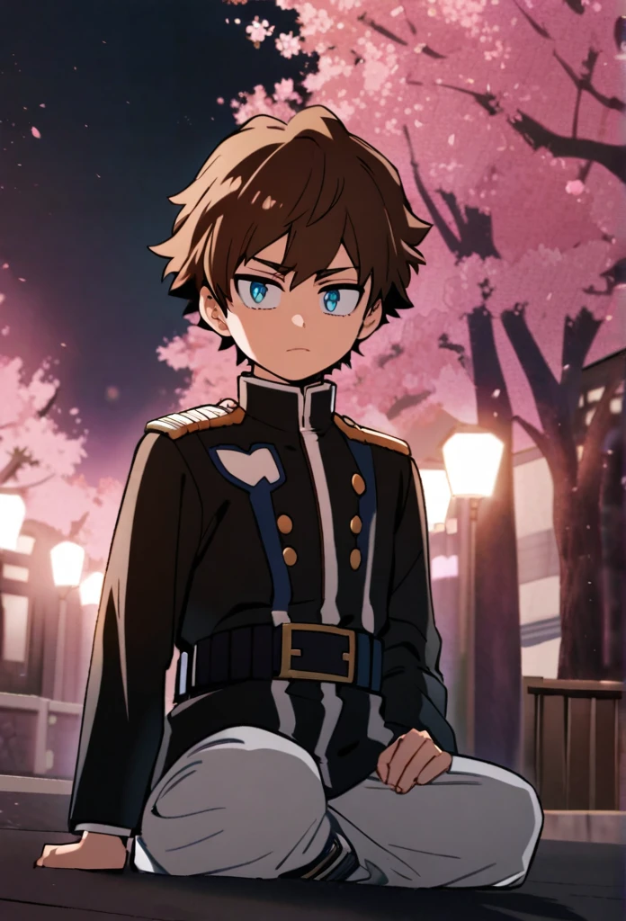 A serious brown-haired, Wavy shoulder-length blue-eyed 17 years old boy, With a black jacket with white details and white pants, In a calm pose, on a street in the middle of the night with cherry blossom trees, Boku no hero academy style
