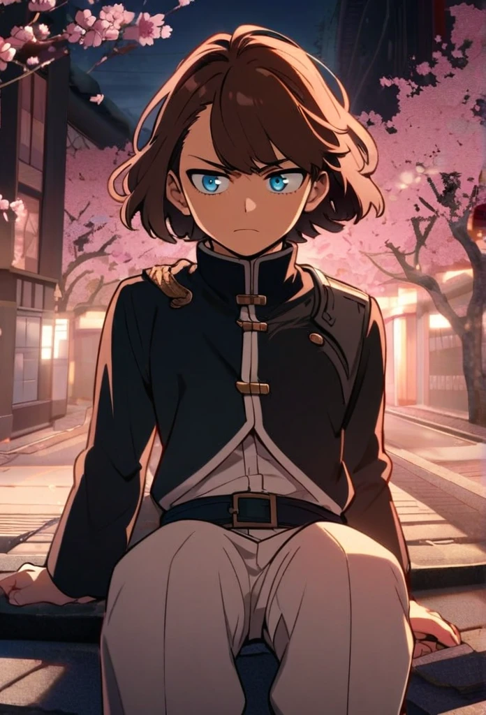 A serious brown-haired, Wavy shoulder-length blue-eyed 17 years old boy, With a black jacket with white details and white pants, In a calm pose, on a street in the middle of the night with cherry blossom trees, Boku no hero academy style