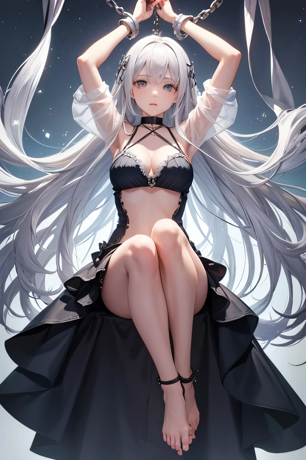 Silver Hair、beautiful girl、Runaway slave girl、Slave Collar、handcuffs、Stretch your arms up、Extend your elbows、Two-handed suspension、Tattered clothes、Your clothes are torn、Trapped、Suspension、Hanged、Hanging from a big tree、Feet float、upright、Extend your knees、Stretching posture、Stand up straight、Rope gets tangled、Desperate、I'm in a hurry、Anxious expression、Scared、fear、Surprised、(((SFW、sound、Highest quality、first-clasasterpiece、Normal body、8k、Detailed face、Ultra-precision、Normal hand、Normal finger、5Finger、Highest)))、whole body