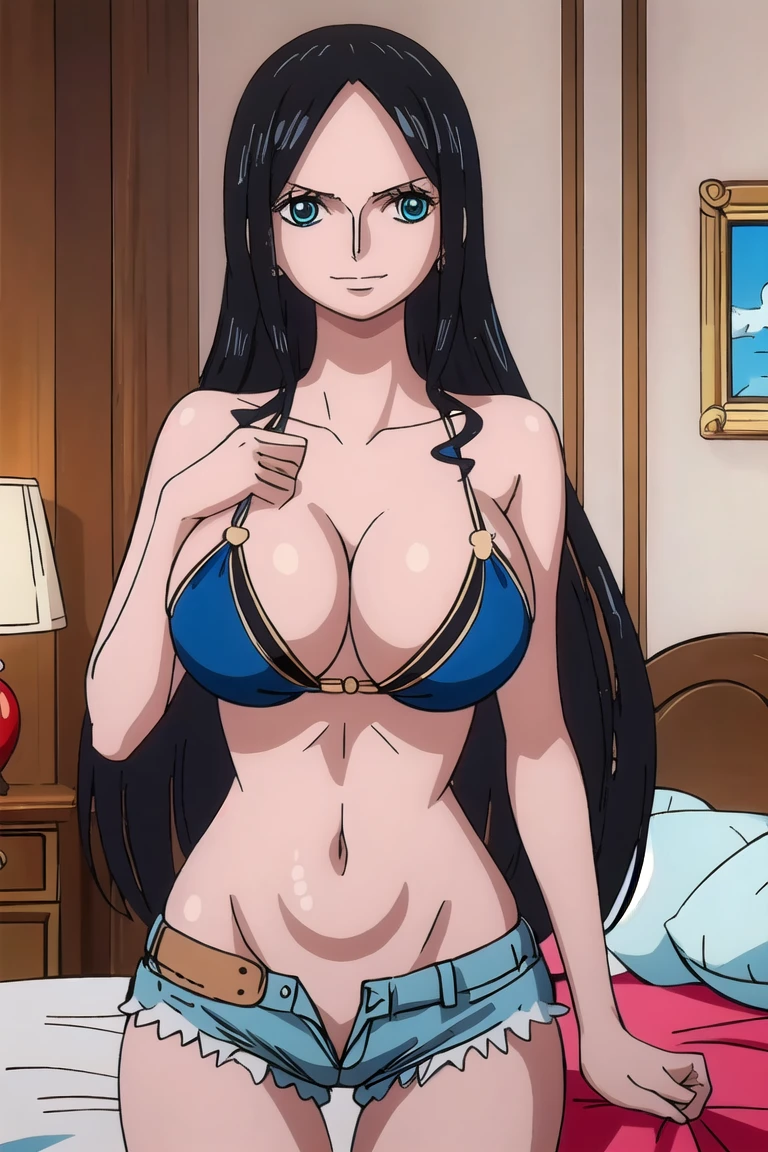 nico robin , ((long straight black hair )) , blue eyes (8k, RAW photo, best quality, masterpiece:1.2), (intricate details) , detailed eyes , , big breasts , wide hips , milf body ,sexy body, perfect eyes, perfect face, perfect lighting, beautiful, (masterpiece:1.2), (best quality:1.2), 1girl, , micro bikini top , denim shorts , bedroom ,smile