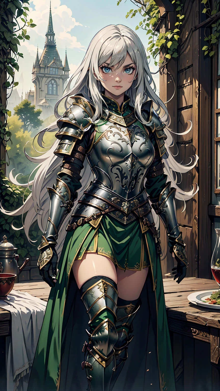 最high quality、Ultra High Definition, Ultra High Quality, Hyper Definition, Hyper Quality, Hyper Detailed, Extremely Detailed, Perfectly Detailed, Best image quality、masterpiece、anime woman((20-year-old、super dynamic pose , Green solid eyes, Silver long Hair, Disheveled Hair、Long White Hair, Glove、Green Skirt, Fantasy nature type Armor, Smirk, cheerful expression, charismatic, Detailed Cuirass , Dressed in Full Coverage Fantasy Plate Armor, leg armor)),high quality、Beautiful art、background((Inside the mansion))、Written boundary depth、 movie、Visual Arts、Perfect art、8K,Genuine、