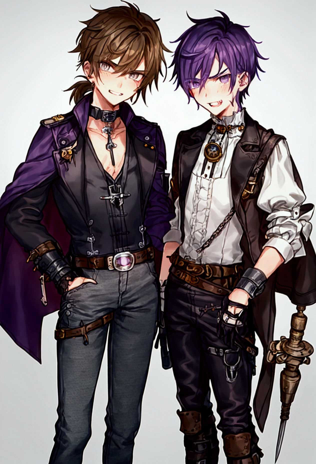 A Drawing with Identity V 2D style, with two boys, In the drawing you can see a: (( Person 1: 17-year-old white and freckled boy, short and wavy dark hair, light brown eyes and a Victorian Steampunk style suit, alchemist type, black gloves and Goggles on his head, He has feminine beauty and looks like a boy; )) + (( Person 2: is a boy 21 years old, with fair skin, messy brown hair is pulled into a short ponytail, with strands of hair sticking up from his head, thin, arched brown eyebrows, and warm grey eyes cross-stitched with black thread, the left of which is swollen purple, with a purplish-grey bruised eyelid obscuring half of his left eye. A tiny fang sticks out the left corner of his grinning mouth, revealing white teeth, He wears a slightly stained prisoner's shirt with a high collar and long, tapered sleeves, skinny jeans, and a leather belt with two satchels attached, in the left of which a hammer, some wire, rope, and a screwdriver are visible, and in the right of which a small wrench is visible. He also wears buckled leather boots with matching boot garters buckled up to his knees, and around his neck is a large metal shackle with a broken chain dangling from it. He also wears stained, filthy light grey cotton gloves with haphazard white stitching and thick cuffs. White linen bandages wrap around his neck and left forearm. A tear is visible in his left forearm, showing cotton stuffing. )) Person One is on top of Person 2 since he accidentally fell on top of him... Person Two is very surprised!; ((The background is a disorganized Victorian Steampunk workshop.))