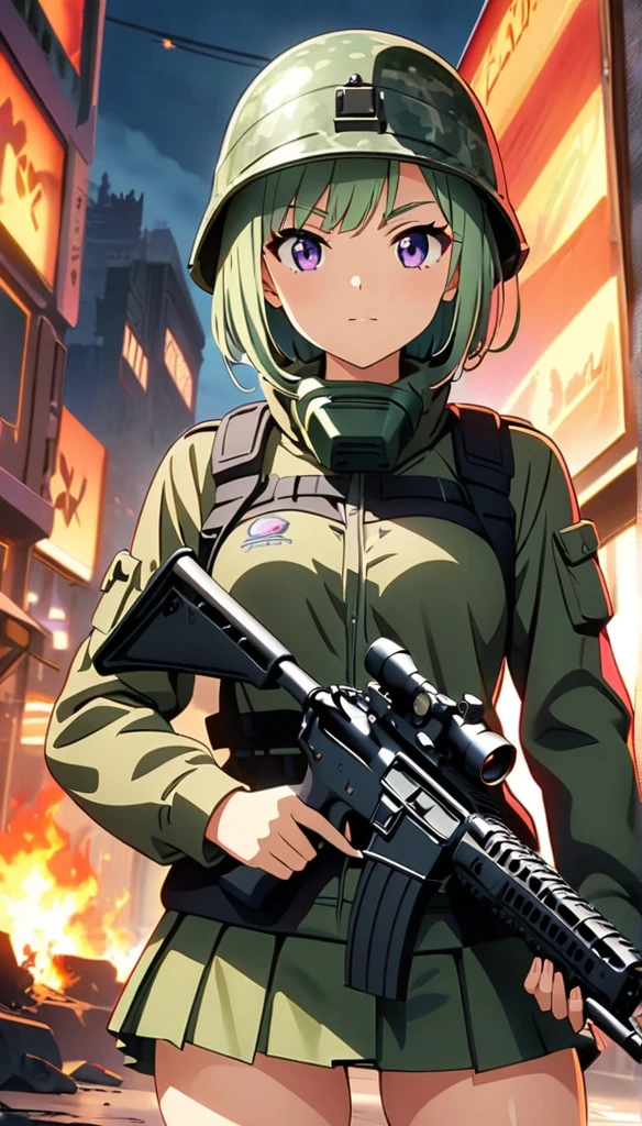 (anime artwork, anime style, studio anime, very detailed, up to date, vibrant, Anime Coloring, high contrast, masterpiece:1.2, best quality, best aesthetics),camouflage clothing,camouflage helmet, pleated skirt, Medium chest, A glimpse of thighs,random hair, One eye is hidden by the bangs, perfect proportions, high detail skin, Cute, detailed faces, random sexy pose,forest, precise fingers,panty shot Girl shooting automatic rifle, (muzzle explodes:1.2), (looks into sight), finely drawn automatic rifle, bulletproof suit, (turn towards the viewer), syncs body orientation and gaze, dynamic angle, serious expression, battle, burning city, war,calm and serious expression