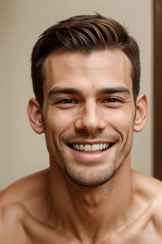 Well developed figure short stature usually tall light brown hairs large head large neck long face and neck prominent nose and ears almond eyes happy smile. A man image, big lower teeth and lip.