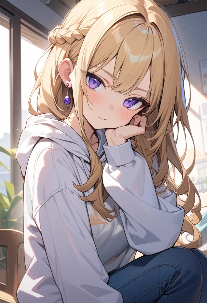 masterpiece, best quality, extremely detailed, ultra detailed, flat anime, 2D,
1girl, (young adult:1.2),blonde hair, (semi-long hair:1.2), curly hair, french braid, medium breasts, purple eyes, tsurime, height 1.7meters,
white hooded sweatshirt, jeans, earring,bracelet, long sleeves,socks,
Chin in hand.,jitome,very interesting,
upper body, portrait,
summer, livingroom, 12AM., standing