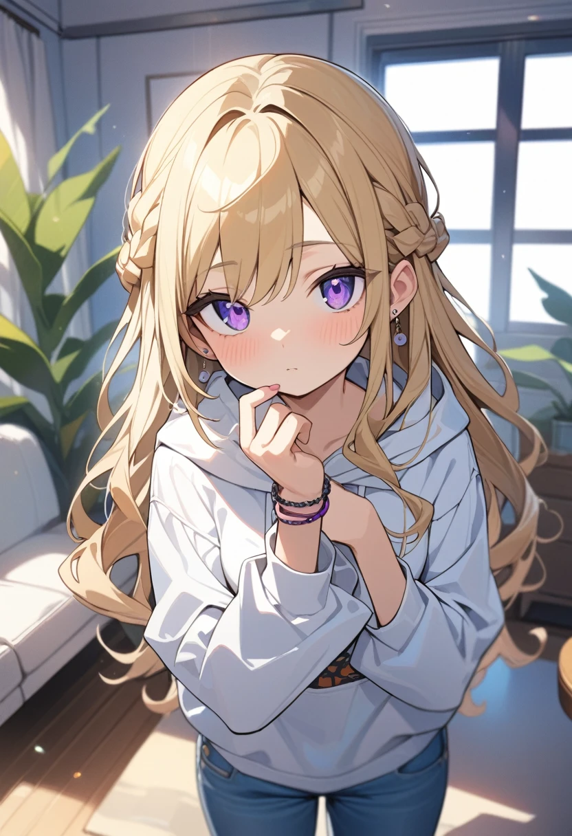 masterpiece, best quality, extremely detailed, ultra detailed, flat anime, 2D,
1girl, (young adult:1.2),blonde hair, (semi-long hair:1.2), curly hair, french braid, medium breasts, purple eyes, tsurime, height 1.7meters, 
white hooded sweatshirt, jeans,  earring,bracelet, long sleeves,socks,
Chin in hand.,jitome,very interesting,
upper body, portrait, 
summer, livingroom, 12AM., standing