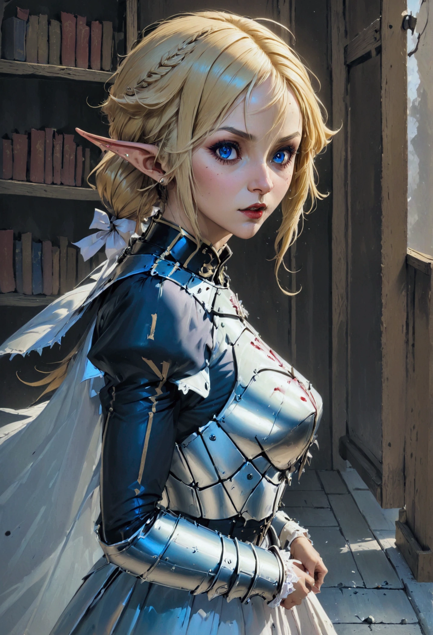 arafed a picture of elf vampire in her castle. an exquisite beautiful female elf vampire (ultra details, Masterpiece, best quality), bloody mouth blond hair, pale skin, hair in a ponytail, long hair, blue eyes, small pointed ears, cold eyes, smirking, wearing white dress (ultra details, Masterpiece, best quality), red cloak, in dark fantasy library, book shelves, arafed high details, best quality, 16k, [ultra detailed], masterpiece, best quality, (ultra detailed), full body, ultra wide shot, photorealism, RAW, dark fantasy art, gothic art, ArmoredDress, Dark Novel, Dark Art Painting Style, dripping blood, goth person