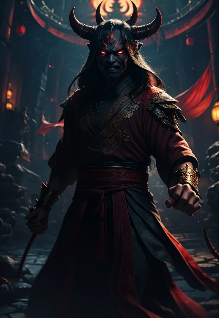 Hell Demon, Black-scaled youkai, Chinese legend hell scene, Extreme horror, Zhang Yimou's film style, The picture is bright, Extremely detailed line drawings CG artwork, See the devil clearly, It shows the shape of a huge right hand with demonic fingers, Detailed face, There is an open and clenched fist state, Light and shadow effect, Beautiful and dynamic pose, Detailed rendering, Colorful scenes, Full of depth, Vibrant lighting effects, Sketch a magnificent and mysterious atmosphere