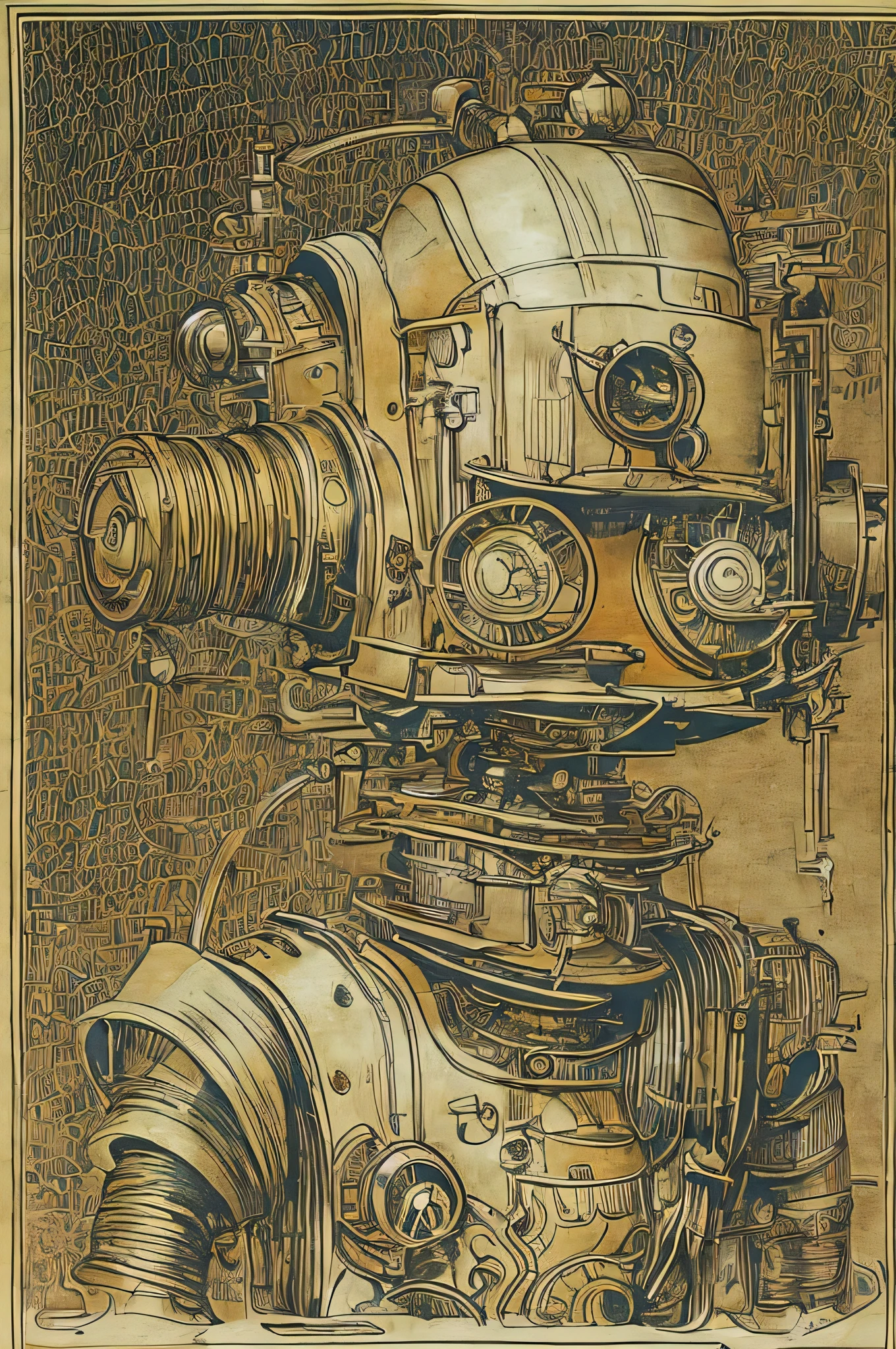 steampunk、sketch、The Style of Kawanabe Kyosai、I&#39;m a clumsy robot with a square head.、It has eyebrows, eyes, nose and mouth.、Very displeased look、While facing right、Protruding lower lip、He is looking down and glaring at the viewer.、1970s、Cartoon、Oil painting style、Portrait、Anya、