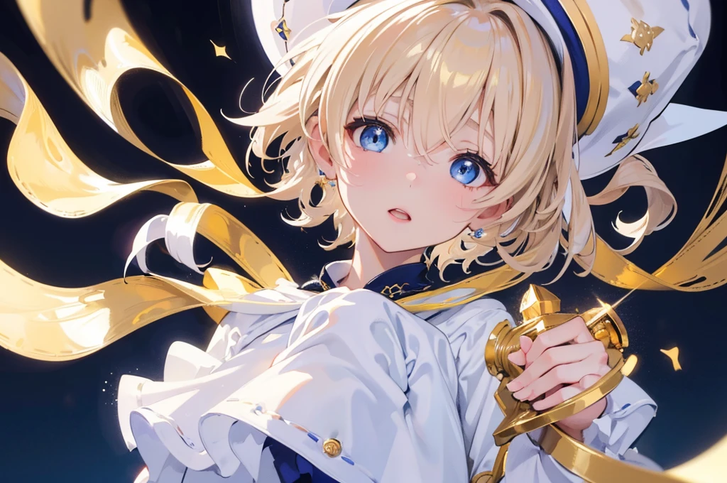 (Highest quality) (4K) (8k) (High resolution) (masterpiece:1.2) (Super detailed) One girl short hair witch Blue Eyes Long sleeve Golden decoration Hair between the eyes White Dress Wavy golden hair Upper Body (White Background) front Face close-up Cast a spell White hat