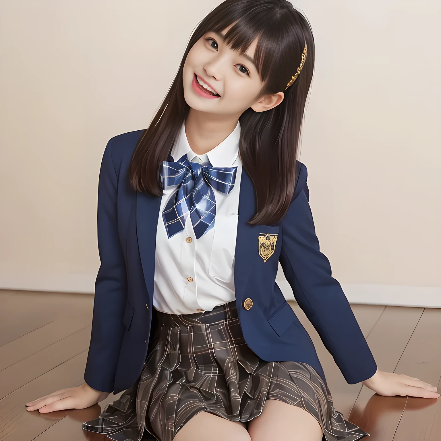 (Highest quality, masterpiece:1.2), Highest quality, High resolution, 1080P, 8k, height: 165cm, ((A noble, graceful and intelligent girl who looks like a best proportion Japanese young lady is turning around and giggling in a strong wind)), ((So sweet, very noble, neat, and pretty Japanese beautiful cute girl)), ((A real, very girly, sweet, cute and noble girl)), ((((A beautiful Japanese cute fashion model)))), ((((Very pure white face and limbs)))), Glossy Lips, (Evenly cut bangs), ((Very beautiful, droopy, cute, pure, noble brown eyes)), ((Super long, black straight hair that reaches the floor)), (Very shiny, glossy Lips), ((Beautiful straight hair like a school promotion model)), Watch at you, ((Incredibly well organized, Rich facial expressions)), ((Plump and beautiful white skin and face)), ((Pure, clear, gentle brown eyes)), ((staring at me)), Glossy Lips, ((noble and elegant)), Very beautiful blue skirt, ((Large upward-curving lips)), White Hand, ((((Navy Japanese school blazer with noble golden emblem)))), ((Navy and sapphire blue Japanese school uniform)), ((Tartan check pattern pleated long skirt)), ((Cobalt blue string chest ribbon)), ((((An ecstatic expression of boundless joy)))), ((plain white background)), ((perfect body)), (((hair beauty magazine for young girls)))