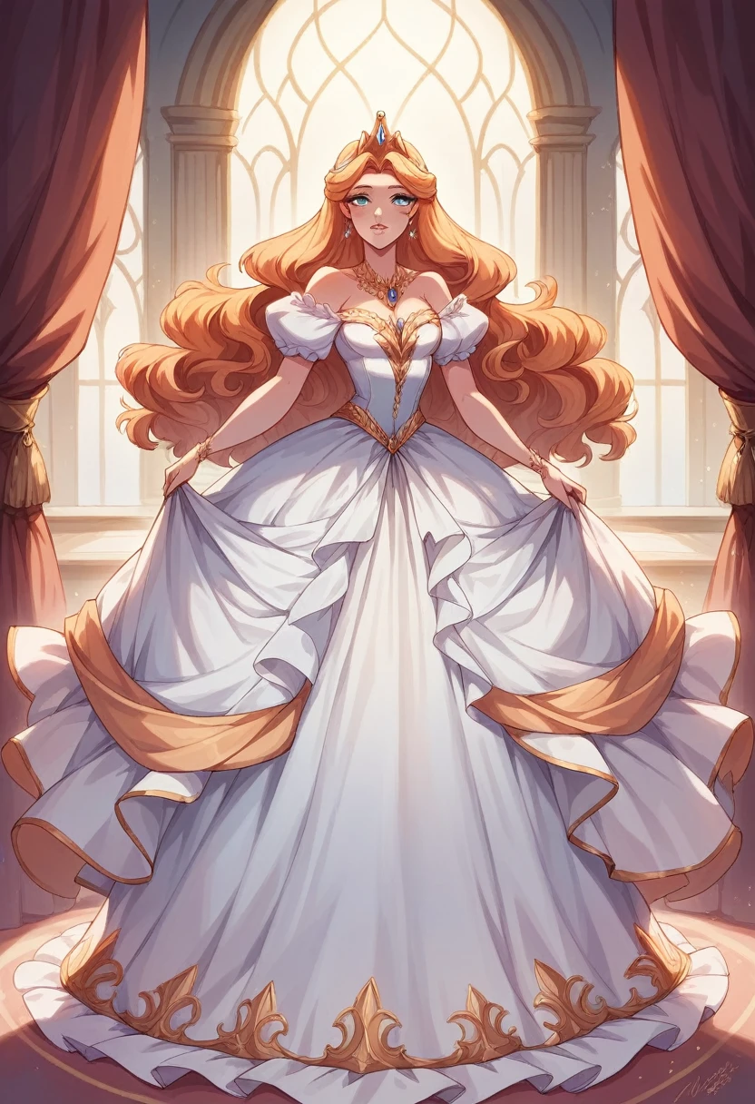 A very feminine white dress, full of elegance and beauty, with many ruffles and golden decorations full of glamor and magic, the most beautiful and delicate dress for a beautiful woman, Attached to the body, long skirt, elegance, femininity, loveliness, Princess dress, jewelry, single, magical, Royals