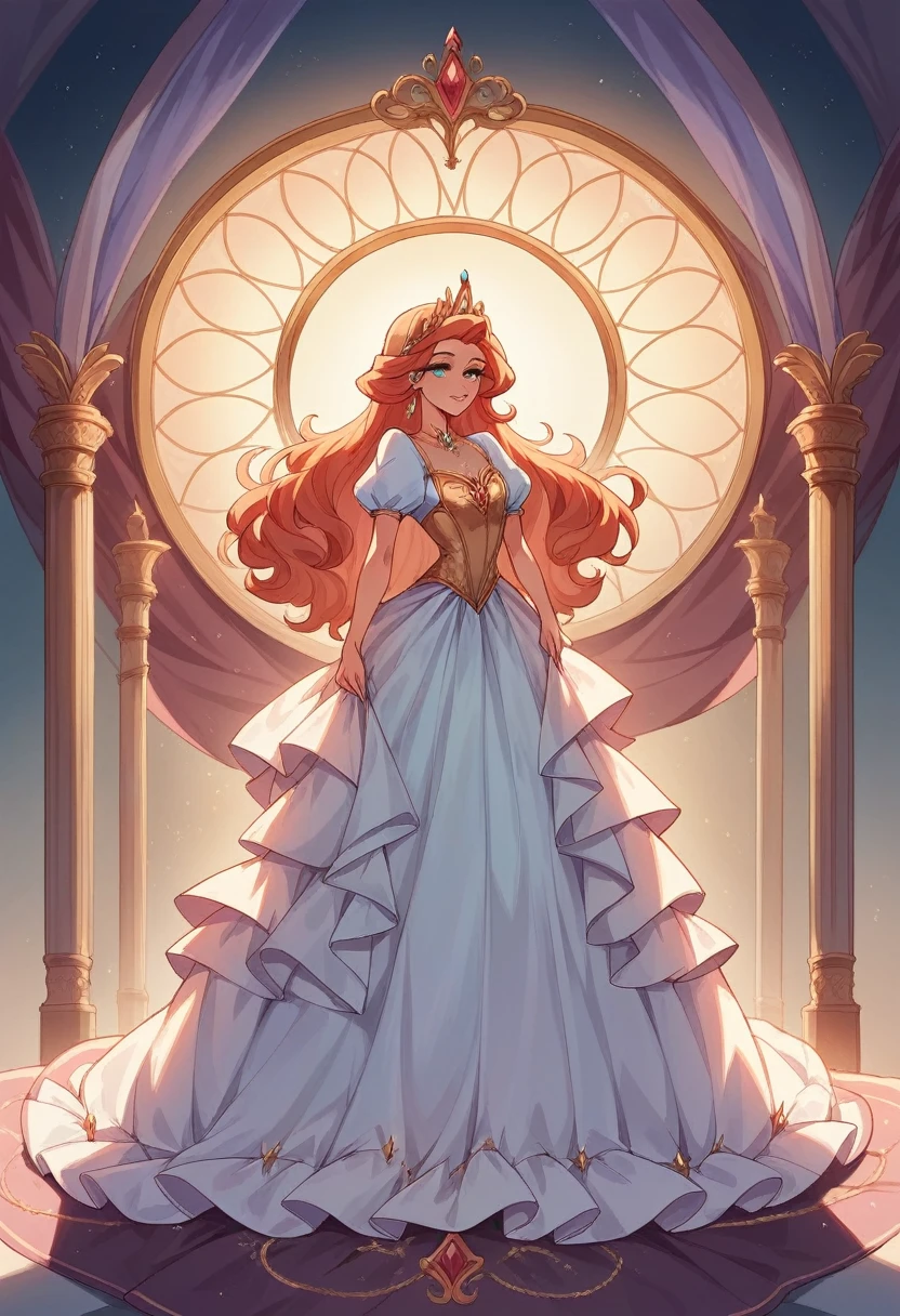 A very feminine white dress, full of elegance and beauty, with many ruffles and golden decorations full of glamor and magic, the most beautiful and delicate dress for a beautiful woman, Attached to the body, long skirt, elegance, femininity, loveliness, Princess dress, jewelry, single, magical, Royals