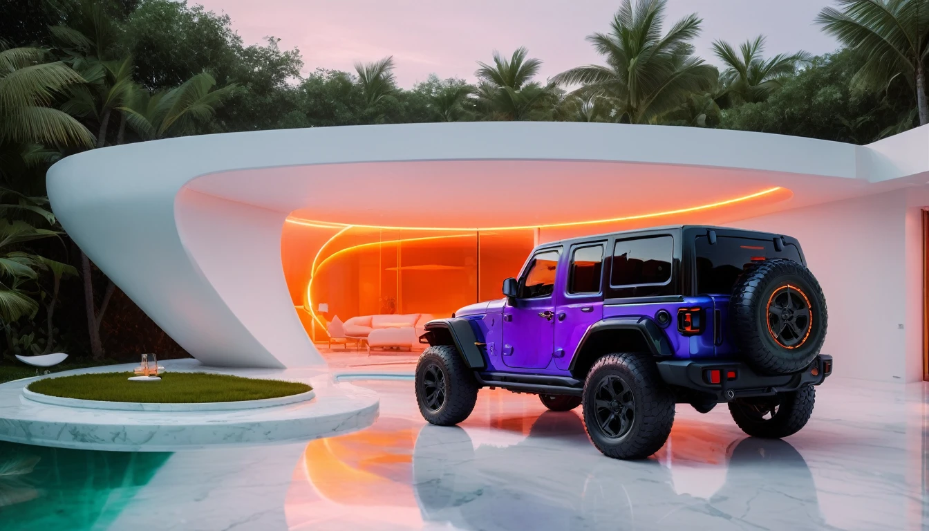 a futuristic house with a floresent green jeep wrangler parked in front of it, cgsocietywlop, beautiful curves, intricate devilish designs, qualia, interesting shapes & form, wow factor, elaborate polished, architectural rendering, miami, orange soft lighting in interior of house, futuristic battlefield, inspired by James E. Brewton, precise architectural rendering. minature sun on a pedestal. oranges on a white marble table, mist in background, 8k, photography style,a clear glass vase with orange bioluminescent fluid in them, on a white marble table, large red rubies and emeralds, fine jewels, scattered on the table, deep purple velvet drapes, bioluminescent, colorfull, glow, fluid, glowing, Appetizing, professional, 