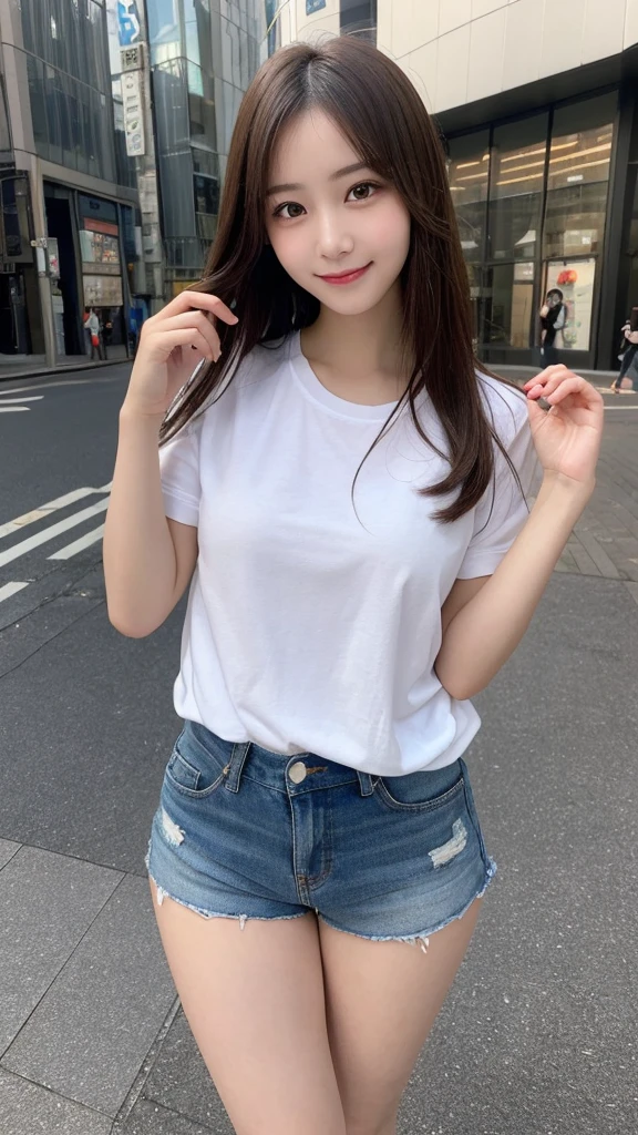 Highest quality, Very detailed, finely, High resolution, 8k wallpaper, Perfect dynamic composition, Beautiful and exquisite,ランダムなcute髪,,Natural color lip, Bold sexy pose,smile、20-year-old girl、cute、Looking into the camera,,Perfect and beautiful face,Slim face and figure,Beautiful thighs, Beautiful feet、Big eyes、Gal Makeup,Small face,Shooting from below、smile、smile、smile,,Elegant feminine face、Randomly change the shooting angle and position、smile、Top to bottom々Shoot from the right angle and direction、Sexy Face、Standing in the streets of Shibuya、Shorts、Randomly change the shooting angle and position