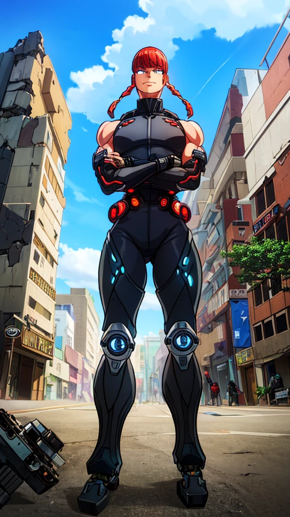 A highly detailed Cyborg, arms crossed in front of a destroyed city, boasting futuristic details on its bionic body. (Um ciborgue extremamente detalhado com arms crossed in front of a destroyed city, with futuristic details on its bionic body.)