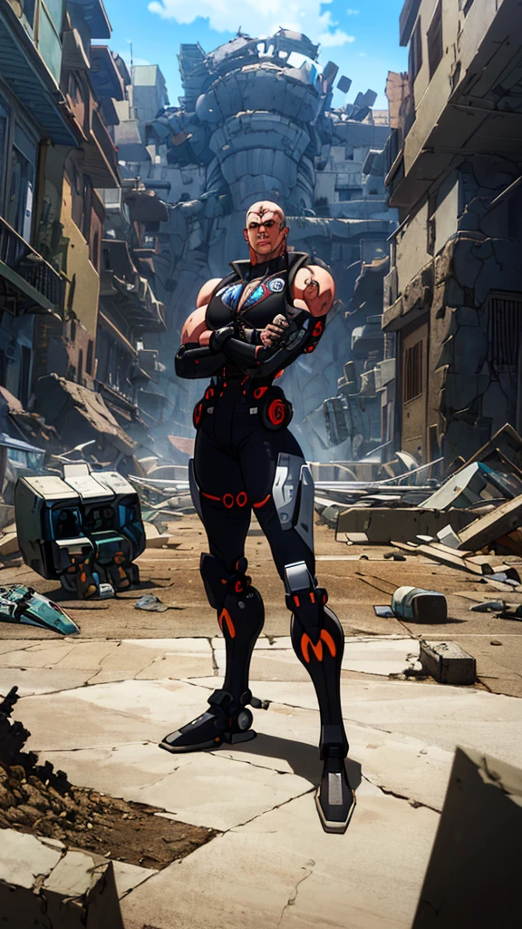 A highly detailed Cyborg, arms crossed in front of a destroyed city, boasting futuristic details on its bionic body. (Um ciborgue extremamente detalhado com arms crossed in front of a destroyed city, with futuristic details on its bionic body.)