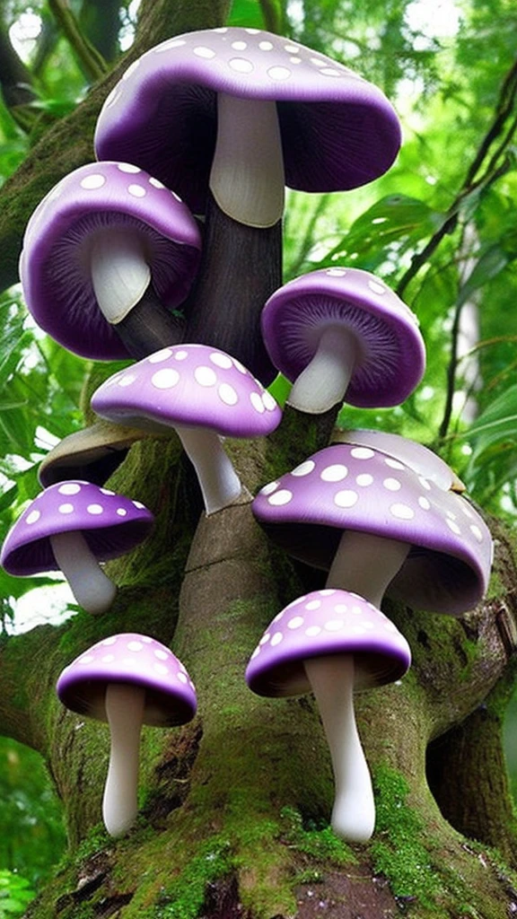 Big mushrooms growing on trees, purple mushrooms, poisonous mushrooms