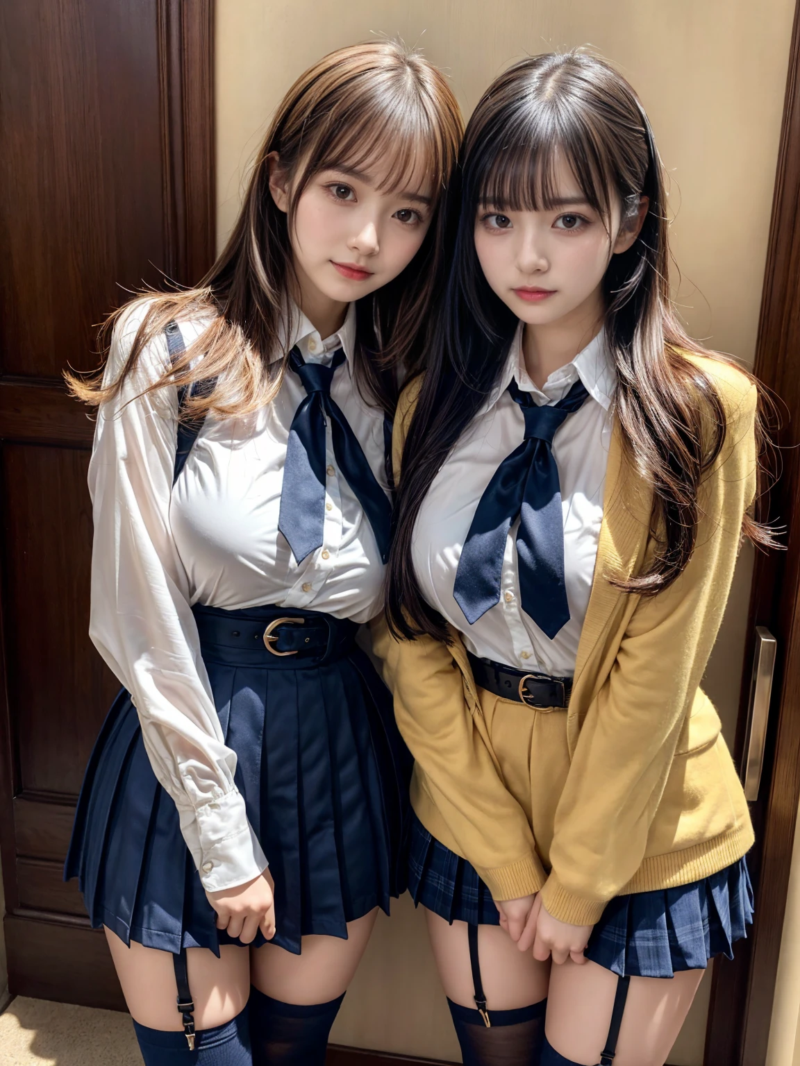 (8K, Raw photography, top-quality, ​masterpiece:1.2), master piece, best quality, illustration, Super detailed, fine details, High resolution, 8K,wall paper, perfect dynamic composition,(Details High quality, realistic depiction of eyes:1.3), ((2 girls, 2 schoolgirls)), The background is a luxury hotel room、High school girl uniform、Super Short Check Uniform Skirt、Navy blue high socks、garterbelts、Colossal tits、Disturbed uniform, Play with each other,Touching each other's bodies,Touching the body of the girl next door, short bob hair, black hair color, huge breasts, Big Natural Color Lip, bold sexy pose, (perfect body shape), crying a little、cold gaze,  Beautiful makeup,glitter makeup,Cutest 18 years old, beautiful legs, hposing Gravure Idol, Voluptuous thighs