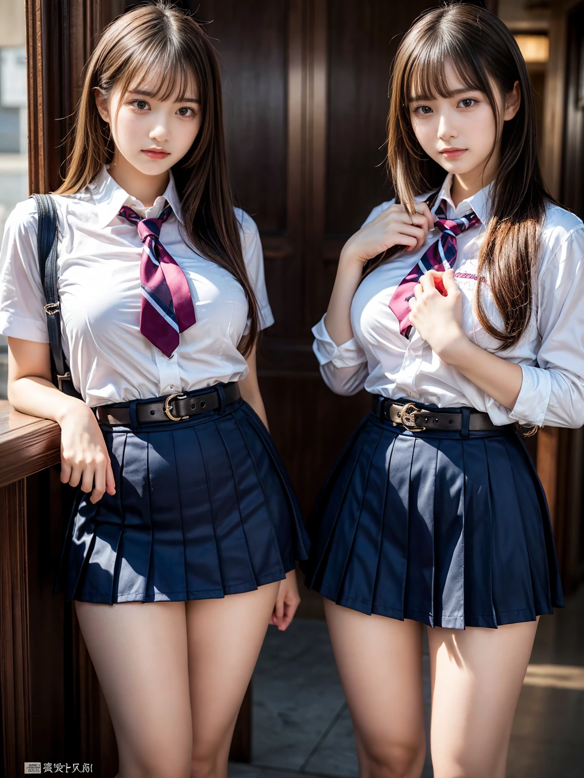 (8K, Raw photography, top-quality, masterpiece:1.2), master piece, best quality, illustration, Super detailed, fine details, High resolution, 8K,wall paper, perfect dynamic composition,(Details High quality, realistic depiction of eyes:1.3), ((2 girls, 2 girls)), The background is a luxury hotel room、High school girl uniform、Super Short Check Uniform Skirt、Navy blue high socks、garterbelts、Colossal tits、Disturbed uniform, Play with each other,Touching each other's bodies,Touching the body of the girl next door, short bob hair, black hair color, huge breasts, Big Natural Color Lip, bold sexy pose, (perfect body shape), crying a little、cold gaze, Beautiful makeup,glitter makeup,Cutest 18 years old, beautiful legs, hposing Gravure Idol, Voluptuous thighs