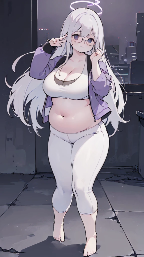 cement wall, Beautiful shades, (standing:1.5), city background, sunlight reflection, soft shading, Dynamic Pose Dynamic Angle, [ 4k digital art ]!!,(big bust, prominent cleavage:1.5), (Black eyes with a slight purple tint:1.5), (a devastated expression, dead eyes, dark atmosphere:1.5), (Very white and long hair with a bluish tint, weak perm:1.5), (sports bra, extra long sports jacket, micro pants, :1.5), (bare foot, round-rimmed glasses:1.5), (Aegyo belly fat:1.5), (smiling faintly:1.5),