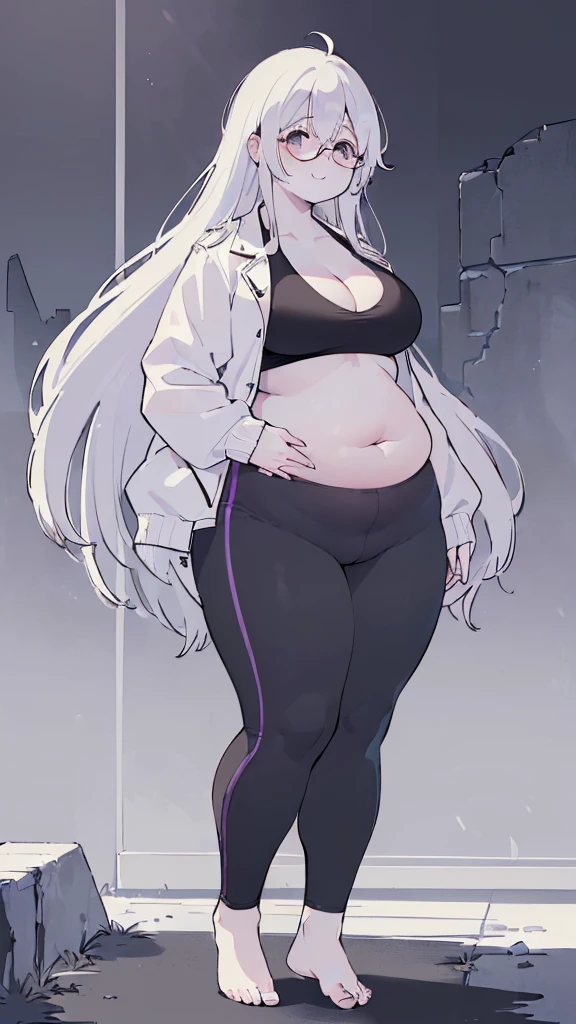 cement wall, Beautiful shades, (standing:1.5), city background, sunlight reflection, soft shading, Dynamic Pose Dynamic Angle, [ 4k digital art ]!!,(big bust, prominent cleavage:1.5), (Black eyes with a slight purple tint:1.5), (a devastated expression, dead eyes, dark atmosphere:1.5), (Very white and long hair with a bluish tint, weak perm:1.5), (sports bra, extra long sports jacket, micro pants, :1.5), (bare foot, round-rimmed glasses:1.5), (Aegyo belly fat:1.5), (smiling faintly:1.5),