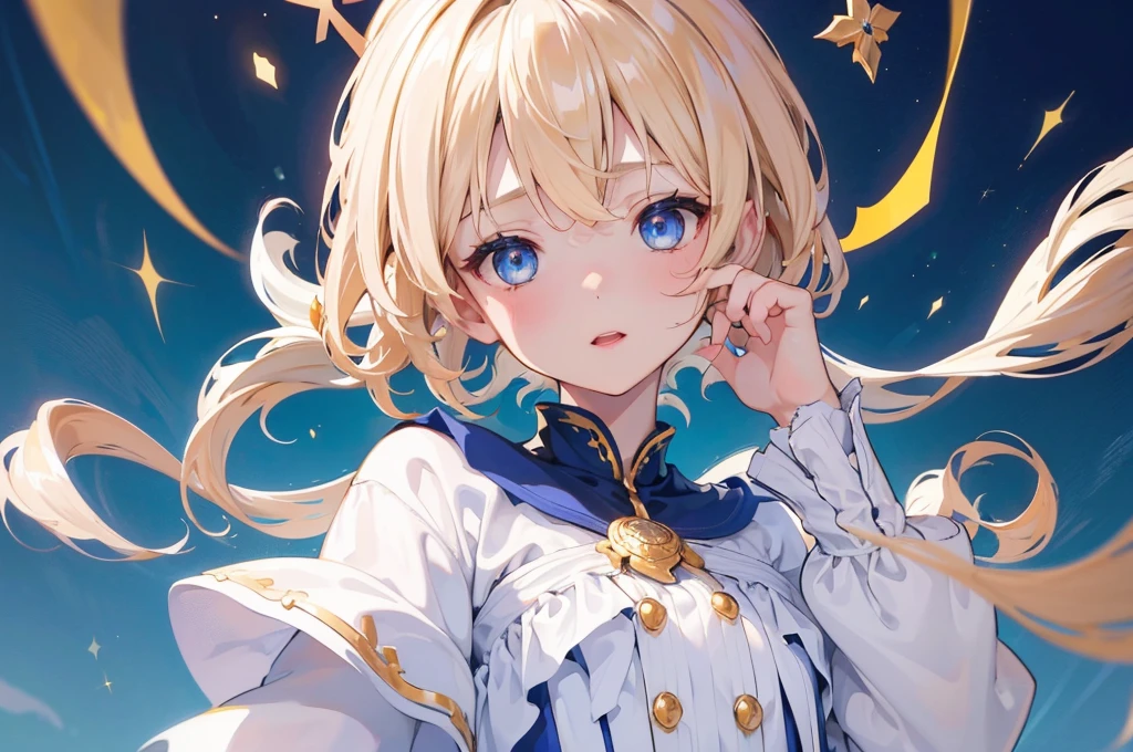 (Highest quality) (4K) (8k) (High resolution) (masterpiece:1.2) (Super detailed) One girl short hair witch Blue Eyes Long sleeve Golden decoration Hair between the eyes White Dress Wavy golden hair Upper Body (White Background) front Face close-up Cast a spell large crown
