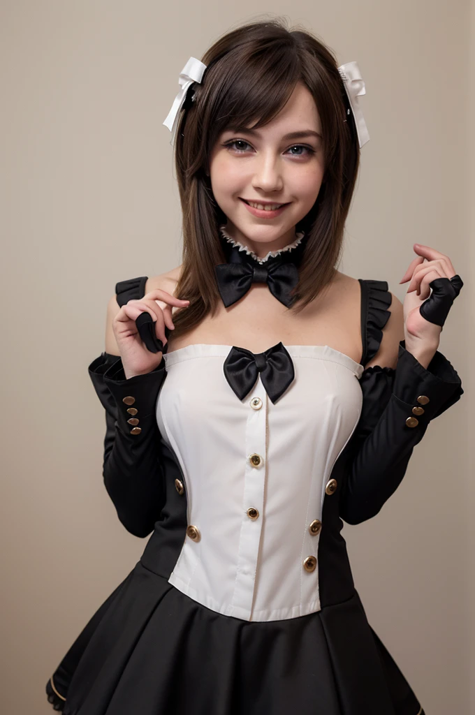 (masterpiece, best quality:1.2), solo, male focus, 1boy, astolfost3, smile, looking at viewer, hair bow, hair ribbon, black dress, buttons, wing collar, black bowtie, long sleeves, juliet sleeves, black gloves, pantyhose