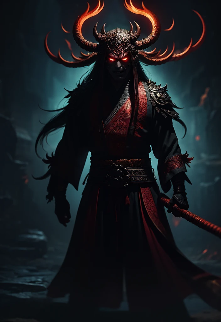 Hell Demon, Black-scaled youkai, Chinese legend hell scene, Extreme horror, Zhang Yimou's film style, The picture is bright, Extremely detailed line drawings CG artwork, See the devil clearly, It shows the shape of a huge right hand with demonic fingers, Detailed face, There is an open and clenched fist state, Light and shadow effect, Beautiful and dynamic pose, Detailed rendering, Colorful scenes, Full of depth, Vibrant lighting effects, Sketch a magnificent and mysterious atmosphere