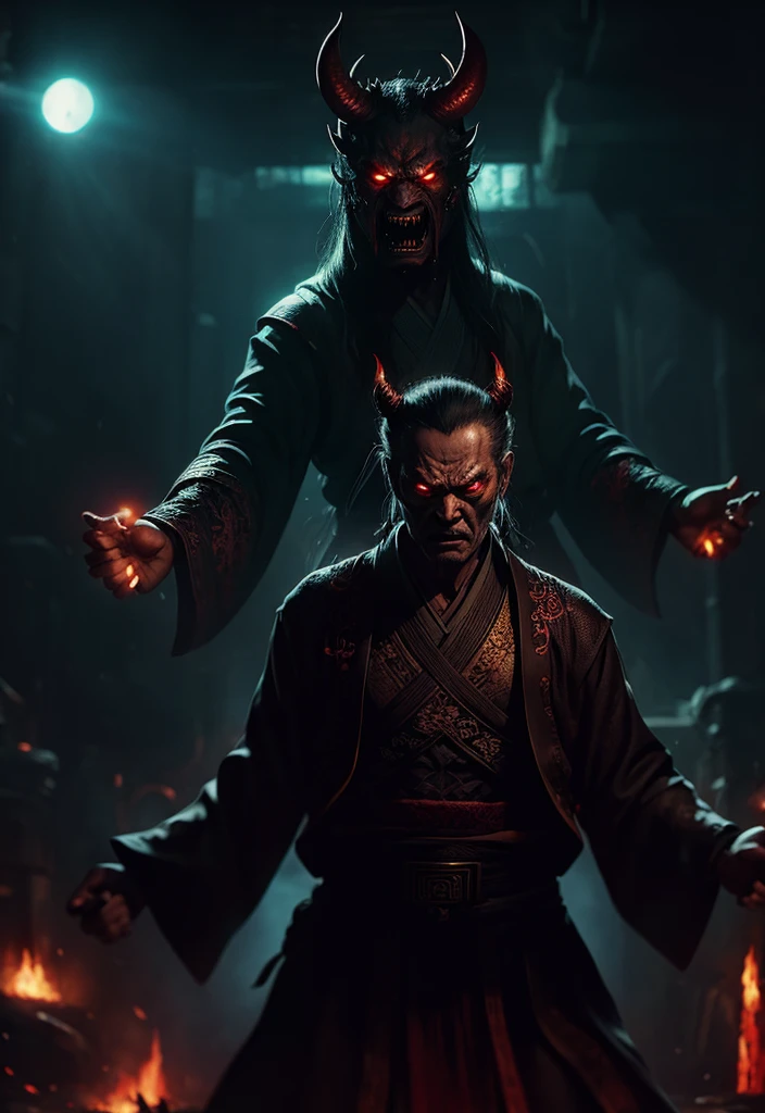 Hell Demon, Black-scaled youkai, Chinese legend hell scene, Extreme horror, Zhang Yimou's film style, The picture is bright, Extremely detailed line drawings CG artwork, See the devil clearly, It shows the shape of a huge right hand with demonic fingers, Detailed face, There is an open and clenched fist state, Light and shadow effect, Beautiful and dynamic pose, Detailed rendering, Colorful scenes, Full of depth, Vibrant lighting effects, Sketch a magnificent and mysterious atmosphere