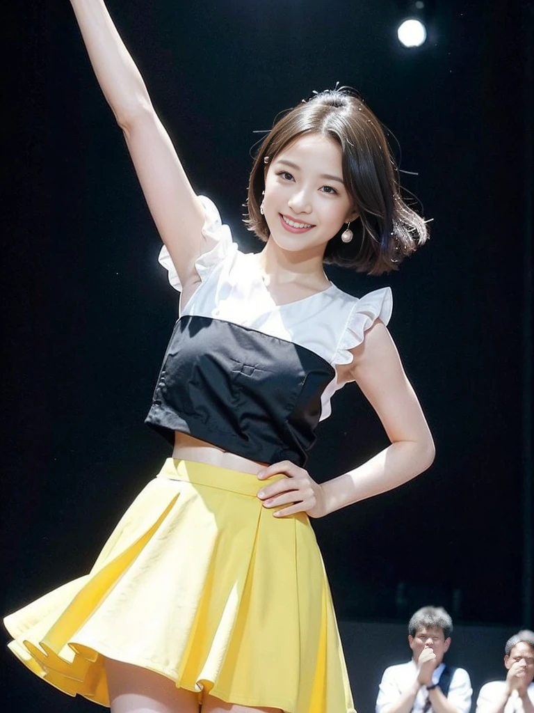Colorful photograph, Uplifting, ((masterpiece, best quality, absurdres, 8K, super fine illustration, detailed eyes, beautiful face, light smile, shiny skin)), 1 young girl, Colorful top Idol, Smile full of happiness, whole body, good style, ((Idol costumes with 5 or more colors;1.5)), ((Idol costumes with lots of frills)), very cute idol costumes, colorful balloons, Many large and small soap bubbles, (Dancing dynamically;1.2), (kicking one leg high;1.2), ((Dancing on a gorgeous outdoor stage;1.4)), very luxurious stage, amazing gorgeous stage, ((extremely detailed Fluttery micro mini skirt, extremely detailed colorful skirt. micro mini Skirt very fluttering in the wind;1.4)), (((skirt is flipped up by the wind;1.5)))