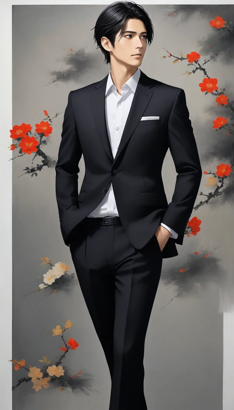 A Japanese man in a suit、The background is gray