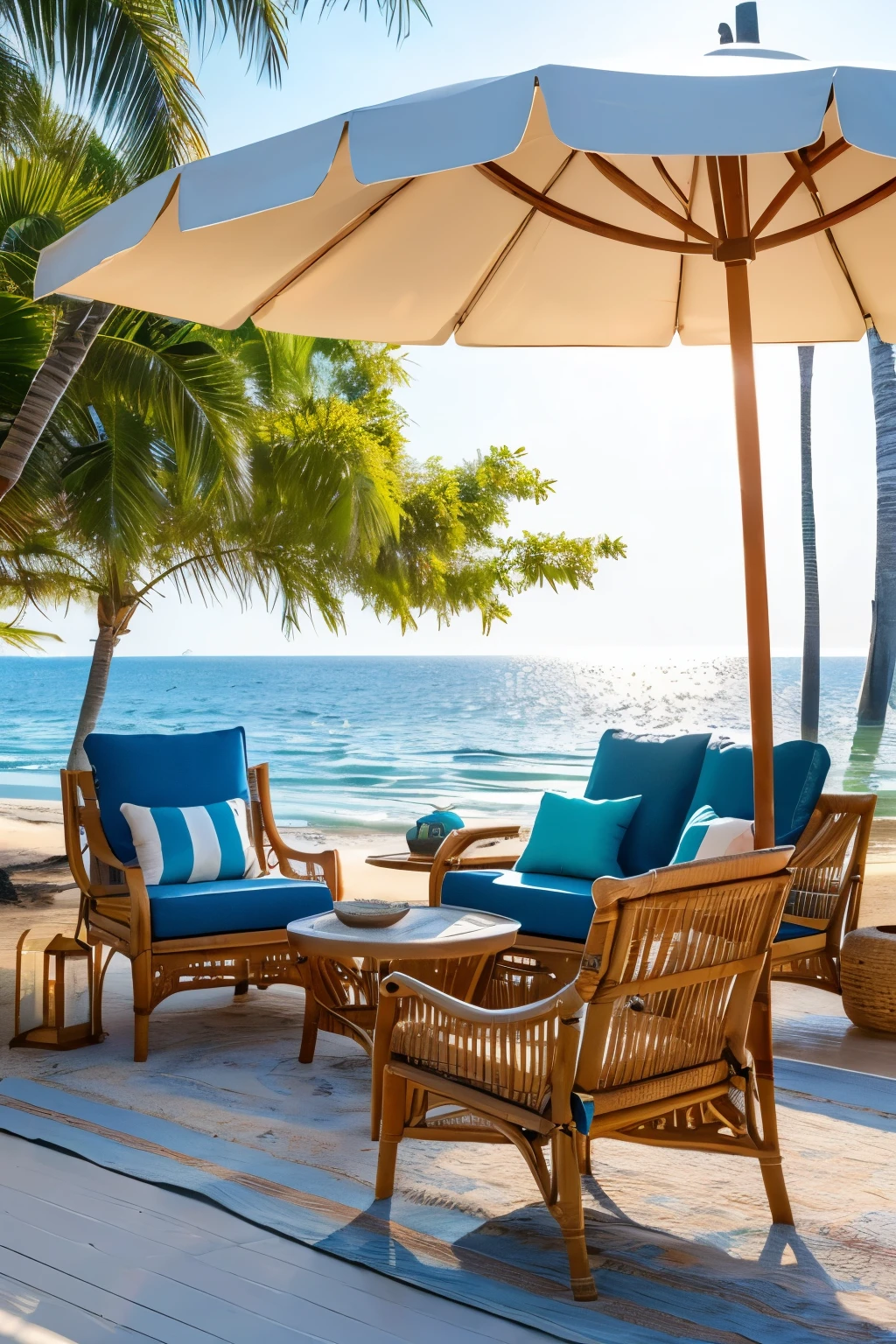 ((Best quality, 8k, Masterpiece :1.3)), A serene beach setting, featuring:
1. **Beach chair**: 1 luxurious, wooden beach chair, showcasing intricate carvings and a plush, sun-kissed cushion, creates an inviting space for relaxation.
2. **Sun umbrella**: A vibrant, oversized sun umbrella, boasting blue and white stripes, positioned nearby, shielding from the sun's radiant rays.
3. **Fine white sand**: Delicate, pristine white sand, adorned with delicate seashells, sprawls around the seating area.