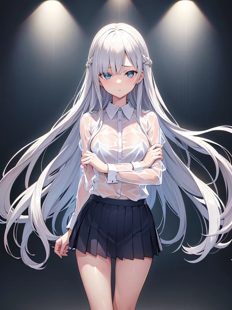 The clothes are wet, (Y-shirt is transparent: 1.4), skirt, (Unbroken body), (Perfect body structure), (arms two), (legs two), highest quality, 4K, (High resolution: 1.3) masterpiece , 1.2, Super detailed, HDR, Studio Lighting, Sharp Focus, Bright colors, Portrait, Warm tones, Soft Lighting,Silver Hair、Blue Eyes、long hair、