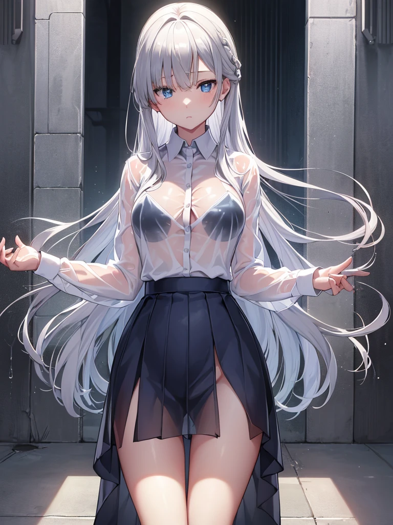 The clothes are wet, (Y-shirt is transparent: 1.4), skirt, (Unbroken body), (Perfect body structure), (arms two), (legs two), highest quality, 4K, (High resolution: 1.3) masterpiece , 1.2, Super detailed, HDR, Studio Lighting, Sharp Focus, Bright colors, Portrait, Warm tones, Soft Lighting,Silver Hair、Blue Eyes、long hair、