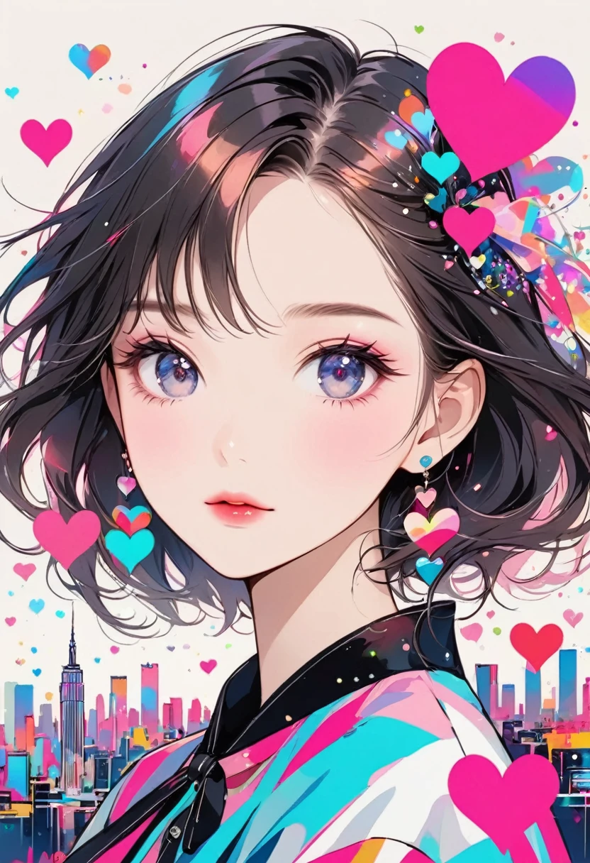 Black star pink and white style, Simple Line Acronym,Abstract Art,City background, (((The most beautiful girl ever))), Sweet face. Loving lips, Colorful Heart, Stylish design