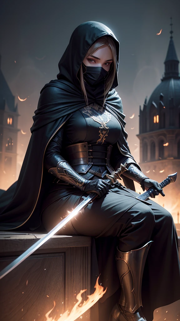 a woman wearing a cool mask, black robe, is sitting. on top of the city tower while holding a sword, with realistic lighting effects, accompanied by the glow of flying fireflies adding to the impression of a religious feel, with photo results, HDR, 8k, anime,