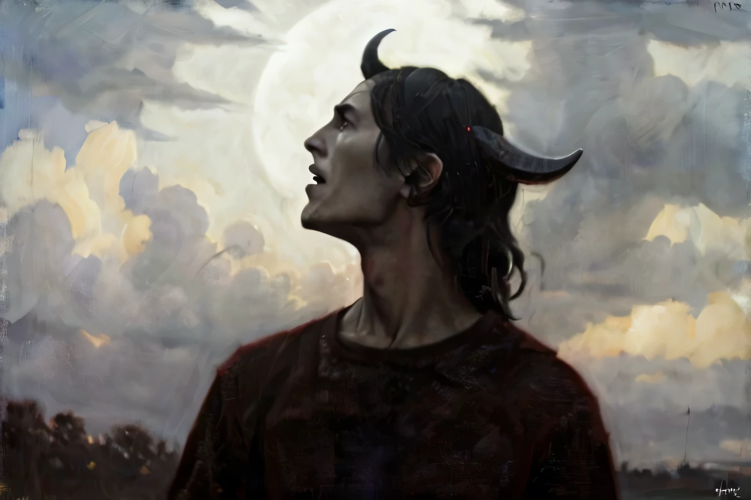 demon head facing his head to the sky, angry