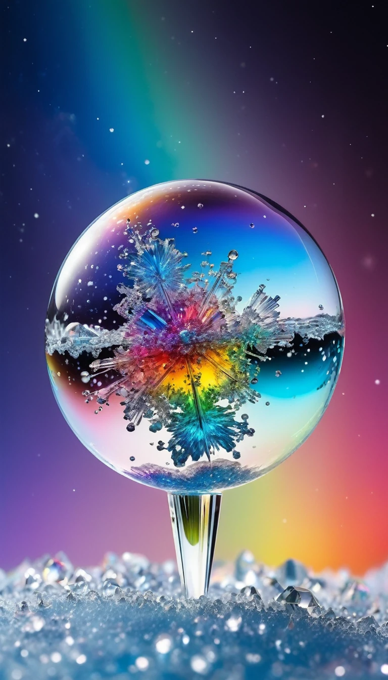 Highest quality, Super Fine, 16K, delicate and dynamic, The world of the planet with the largest absolute zero image in the universe, Freeze and swallow everything, atom, molecular, suspension, beautiful crystals, Shiny rainbow effect