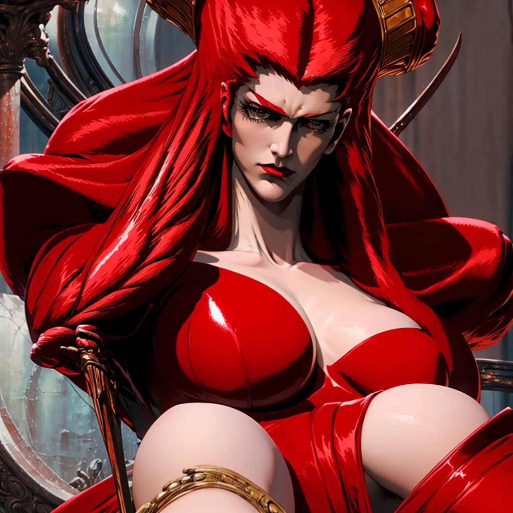 naked, red skin, muscular body, Carmilla,large breasts, powerful,beautiful face, long red hair